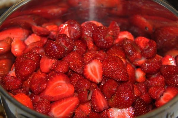 chopped strawberries in a saucepan