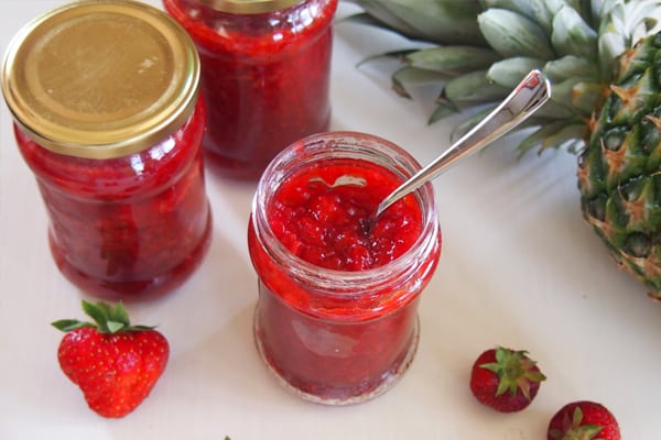 strawberry jam in a jar on the table
