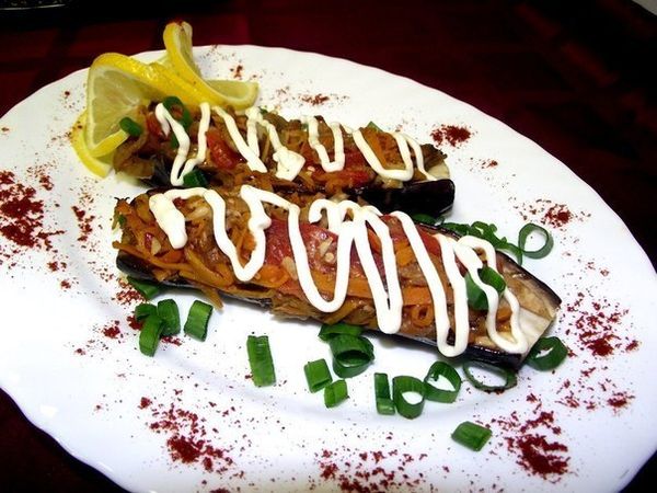 Armenian eggplants decorated with mayonnaise